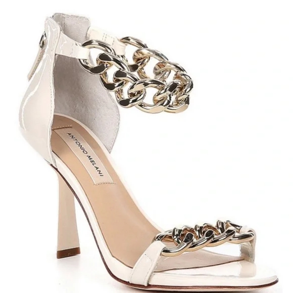 ANTONIO MELANI Ivory Patent Chain-Accent High Heel Sandals